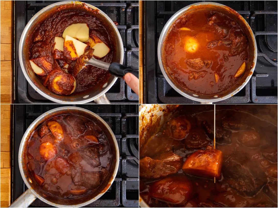 Th&ecirc;m đường thốt nốt, me v&agrave; nước mắm, khuấy cho đường tan hết. Th&ecirc;m khoai t&acirc;y v&agrave; khuấy đều để hỗn hợp c&agrave; ri phủ đều. Th&ecirc;m thịt b&ograve; v&agrave; nước nấu thịt b&ograve; d&agrave;nh ri&ecirc;ng v&agrave; đun nhỏ lửa. Tiếp tục nấu, điều chỉnh nhiệt độ khi cần thiết để duy tr&igrave; lửa nhỏ đều đặn, cho đến khi khoai t&acirc;y mềm v&agrave; dao gặp &iacute;t lực cản khi cắm v&agrave;o miếng khoai t&acirc;y v&agrave; c&agrave; ri giảm th&agrave;nh độ sệt, sệt với một lớp mỡ t&aacute;ch biệt tr&ecirc;n bề mặt, khoảng 30 ph&uacute;t. Loại bỏ khỏi nhiệt.