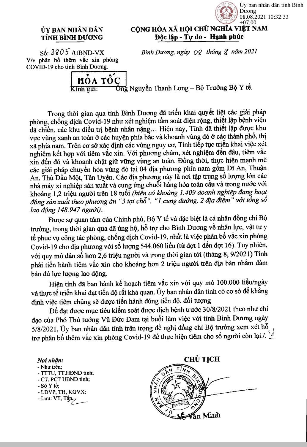 UBND tỉnh B&igrave;nh Dương cầu cứu Bộ Y tế