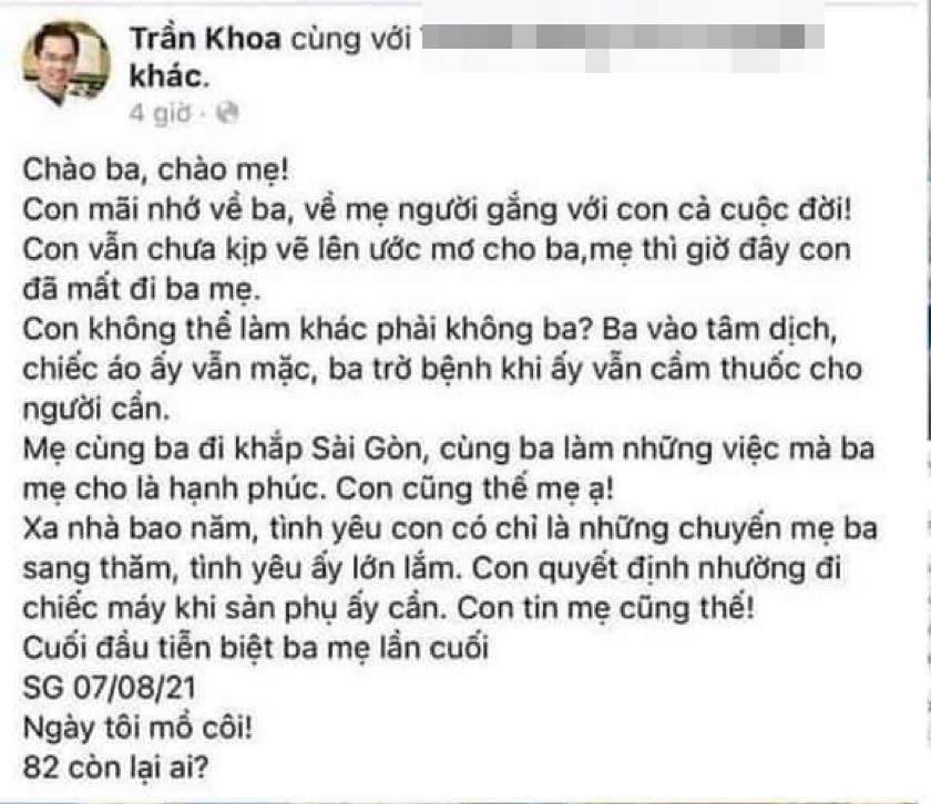 Chia sẻ của t&agrave;i khoảnTrần Khoa về mất m&aacute;t của anh