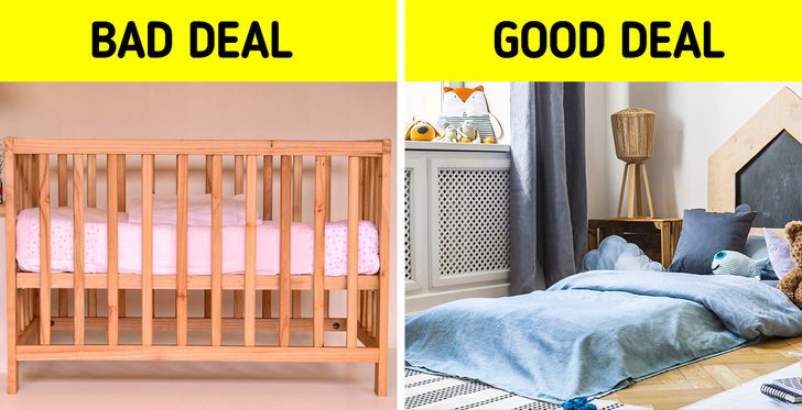 Đối với nhiều bậc cha mẹ, điều đầu ti&ecirc;n v&agrave; tốt nhất để họ c&oacute; được tr&ecirc;n tay l&agrave; một chiếc cũi c&oacute; thể chuyển đổi được. Đ&oacute; l&agrave; bởi v&igrave; ban đầu n&oacute; c&oacute; thể được sử dụng như một chiếc cũi, sau đ&oacute; n&oacute; c&oacute; thể biến th&agrave;nh một chiếc giường nhỏ cho trẻ mới biết đi, khiến c&aacute;c bậc cha mẹ tin rằng họ sẽ c&oacute; thể tiết kiệm được một số tiền. Tuy nhi&ecirc;n, bạn n&ecirc;n lưu &yacute; rằng hầu hết thời gian, t&ugrave;y chọn n&agrave;y thực sự đắt hơn v&agrave; chiếm nhiều dung lượng hơn. Ngo&agrave;i ra, những con nhỏ sẽ nhanh ch&oacute;ng cần một chiếc giường mới v&igrave; ch&uacute;ng lớn qu&aacute; nhanh, v&igrave; vậy d&ugrave; sao th&igrave; bạn cũng sẽ phải đầu tư gấp đ&ocirc;i.  Một giải ph&aacute;p thay thế tốt cho vấn đề n&agrave;y l&agrave; chuyển từ giường cũi sang giường th&ocirc;ng thường với c&aacute;c thanh ray c&oacute; thể th&aacute;o rời để thay thế. Bạn cũng c&oacute; thể sử dụng giường cao ngang s&agrave;n, điều n&agrave;y sẽ gi&uacute;p con bạn tự do hơn, đặc biệt l&agrave; khi ch&uacute;ng bắt đầu tự di chuyển. Tất nhi&ecirc;n, bạn phải thực hiện c&aacute;c biện ph&aacute;p ph&ograve;ng ngừa cần thiết để giữ cho ch&uacute;ng kh&ocirc;ng bị rơi.