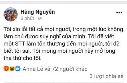 B&agrave; Hằng xin lỗi sau khi viết nội dung sai tr&aacute;i tr&ecirc;n Facebook c&aacute; nh&acirc;n.