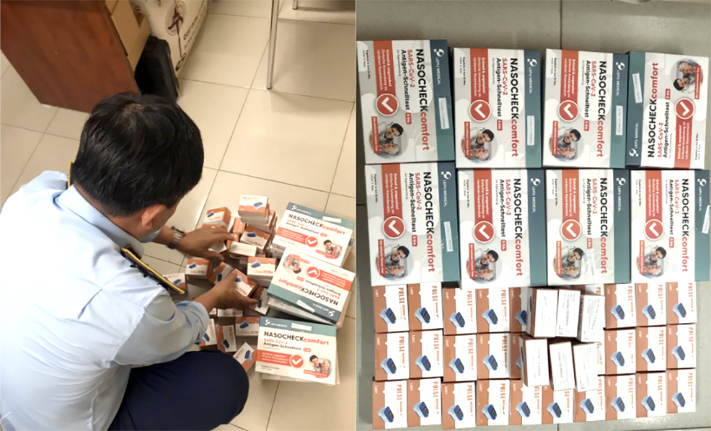 Khẩu trang và máy đo nồng độ oxy do Trung Quốc sản xuất, không hóa đơn chứng từ, bị phát hiện tại TPHCM. Ảnh: Cục QLTT TPHCM