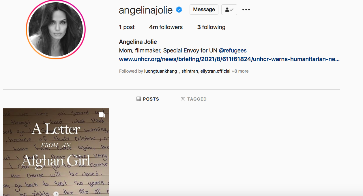 T&agrave;i khoản Instagram ch&iacute;nh thức của Angelina Jolie