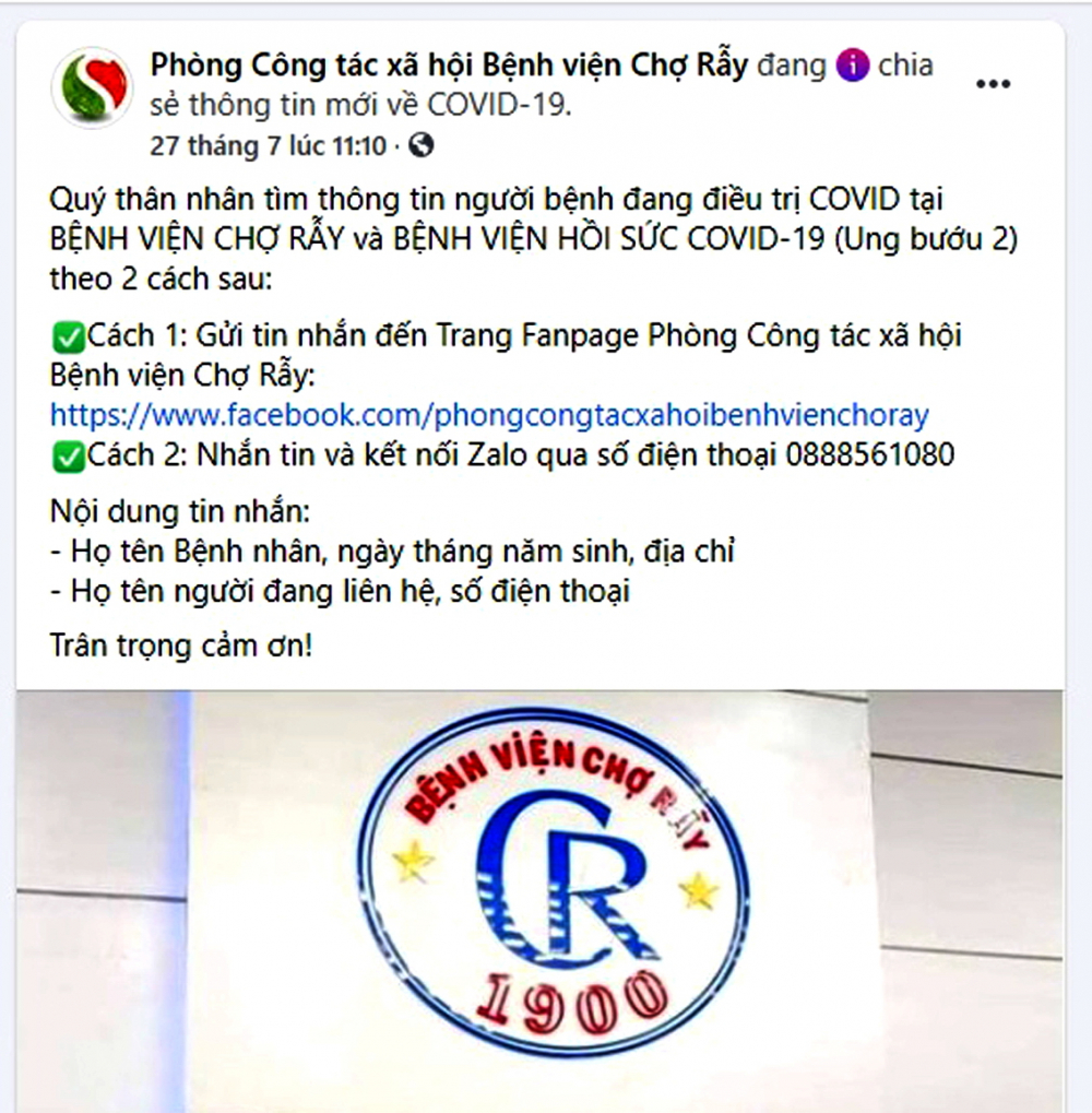 Một trong những k&ecirc;nh t&igrave;m người th&acirc;n của Bệnh viện Chợ Rẫy (ảnh chụp m&agrave;n h&igrave;nh)