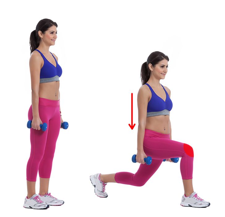 u điểm ch&iacute;nh của động t&aacute;c ngửa ra sau l&agrave; bạn sẽ &iacute;t g&acirc;y căng thẳng hơn cho c&aacute;c khớp gối.  Đối với vị tr&iacute; bắt đầu, đứng thẳng với cơ thể, giữ hai quả tạ ở hai b&ecirc;n tay của bạn. Bước l&ugrave;i bằng một ch&acirc;n v&agrave; hạ phần th&acirc;n tr&ecirc;n của bạn xuống bằng c&aacute;ch uốn cong đầu gối v&agrave; h&ocirc;ng của ch&acirc;n đỡ cho đến khi đầu gối của ch&acirc;n sau gần như tiếp x&uacute;c với s&agrave;n. Đảm bảo giữ thẳng lưng. Giữ thăng bằng v&agrave; kh&ocirc;ng nh&igrave;n xuống. Đảm bảo rằng bạn giữ ống ch&acirc;n trước vu&ocirc;ng g&oacute;c với mặt đất. Kh&ocirc;ng cho ph&eacute;p đầu gối của bạn đi xa hơn ng&oacute;n ch&acirc;n của bạn. Đẩy l&ecirc;n v&agrave; trở lại vị tr&iacute; bắt đầu. Lặp lại.