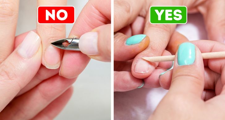 Tất cả ch&uacute;ng ta đều c&oacute; lỗi khi l&agrave;m điều n&agrave;y v&igrave; ch&uacute;ng ta thỉnh thoảng thấy c&aacute;c chuy&ecirc;n gia l&agrave;m việc n&agrave;y cho ch&uacute;ng ta, nhưng việc cắt lớp biểu b&igrave; của bạn l&agrave; một nguy cơ lớn về sức khỏe, do bạn để lại những vết cắt kh&ocirc;ng được bảo vệ tr&ecirc;n ng&oacute;n tay c&oacute; thể bị nhiễm tr&ugrave;ng. . Th&ecirc;m v&agrave;o đ&oacute;, khi lớp biểu b&igrave; bắt đầu ph&aacute;t triển trở lại, ch&uacute;ng trở lại bong tr&oacute;c v&agrave; lộn xộn, điều n&agrave;y l&agrave;m hỏng ho&agrave;n to&agrave;n vẻ ngo&agrave;i của bạn.  Nếu bạn y&ecirc;u th&iacute;ch vẻ ngo&agrave;i của lớp biểu b&igrave;, th&igrave; điều tốt nhất bạn n&ecirc;n l&agrave;m l&agrave; sử dụng một thanh gỗ hồng sắc v&agrave; đẩy ch&uacute;ng trở lại. Bằng c&aacute;ch n&agrave;y, bạn sẽ bảo vệ m&oacute;ng tay của m&igrave;nh kh&ocirc;ng bị nhiễm tr&ugrave;ng m&agrave; vẫn đạt được vẻ thẩm mỹ như mong muốn.