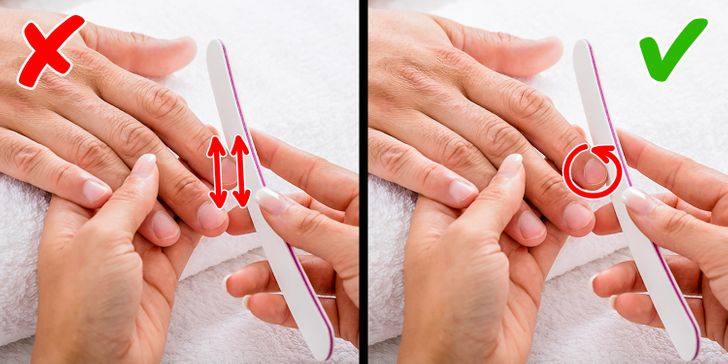 Ch&uacute;ng t&ocirc;i đ&atilde; thấy cả những người chuy&ecirc;n nghiệp v&agrave; nghiệp dư dũa m&oacute;ng tay qua lại để c&oacute; được bề mặt / lớp nền mịn cho bộ m&oacute;ng tay của họ, nhưng điều n&agrave;y thực sự g&acirc;y ra l&agrave; l&agrave;m hỏng m&oacute;ng tay v&agrave; l&agrave;m hỏng to&agrave;n bộ bộ m&oacute;ng tay của bạn. Việc t&ocirc; qua lại l&agrave;m xuất hiện c&aacute;c vết nứt nhỏ khiến lớp sơn m&oacute;ng tay tr&ocirc;ng gi&ograve;n v&agrave; kh&ocirc;ng đều, đồng thời l&agrave;m m&oacute;ng yếu đi, dễ g&atilde;y hơn.  Việc giũa phải theo chuyển động tr&ograve;n hoặc theo một hướng để tr&aacute;nh m&oacute;ng tay của bạn trở n&ecirc;n yếu hơn v&agrave; gi&uacute;p bạn tr&aacute;nh tốn tiền cho c&aacute;c phương ph&aacute;p điều trị để gi&uacute;p ch&uacute;ng phục hồi sau n&agrave;y.