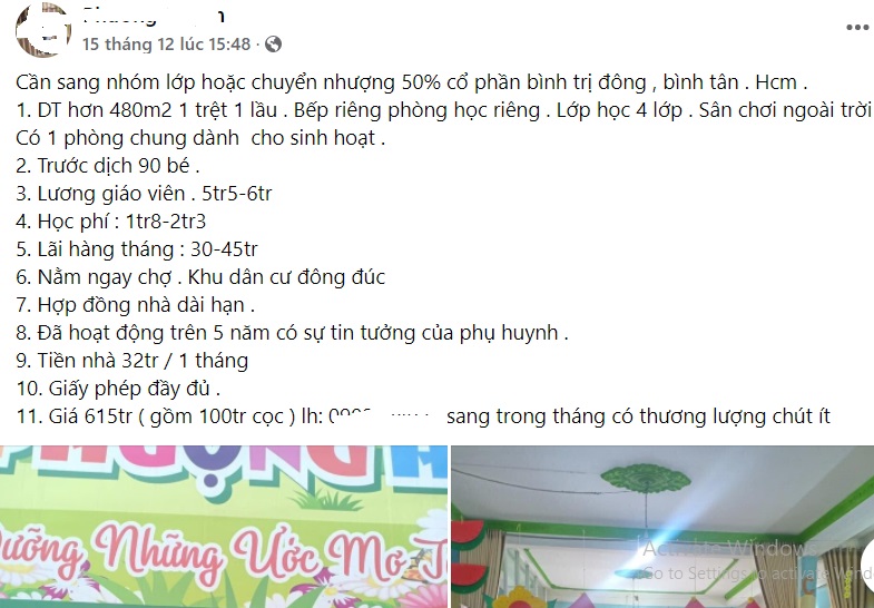 Kh&ocirc;ng chỉ H&agrave; N&ocirc;i, tại TP.HCM nhiều chủ nh&oacute;m mầm non cũng cần t&igrave;m người sang nhượng gấp