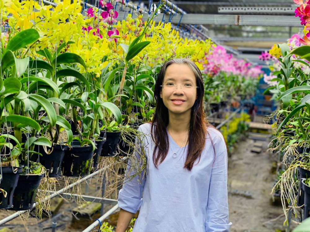 Chị Li&ecirc;u Thị Kim Phượng tại khu vườn nh&acirc;n giống v&agrave; trồng th&agrave;nh phẩm c&aacute;c loại c&acirc;y m&ocirc; lan của m&igrave;nh 