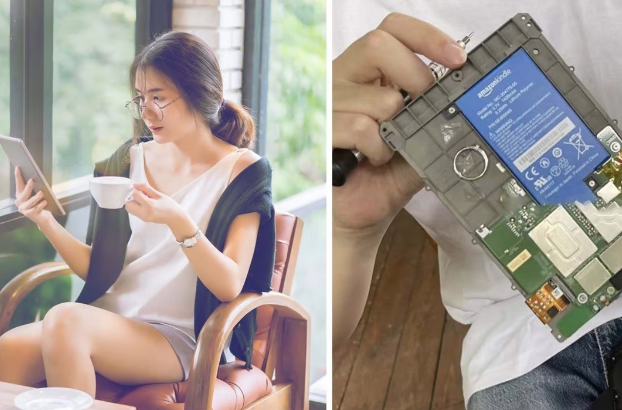 Suốt 7 năm, c&ocirc; g&aacute;i đ&atilde; cầm chiếc Kindle để đọc s&aacute;ch, với chiếc nhẫn cưới nằm ngay vi tr&iacute; ng&oacute;n &aacute;p &uacute;t