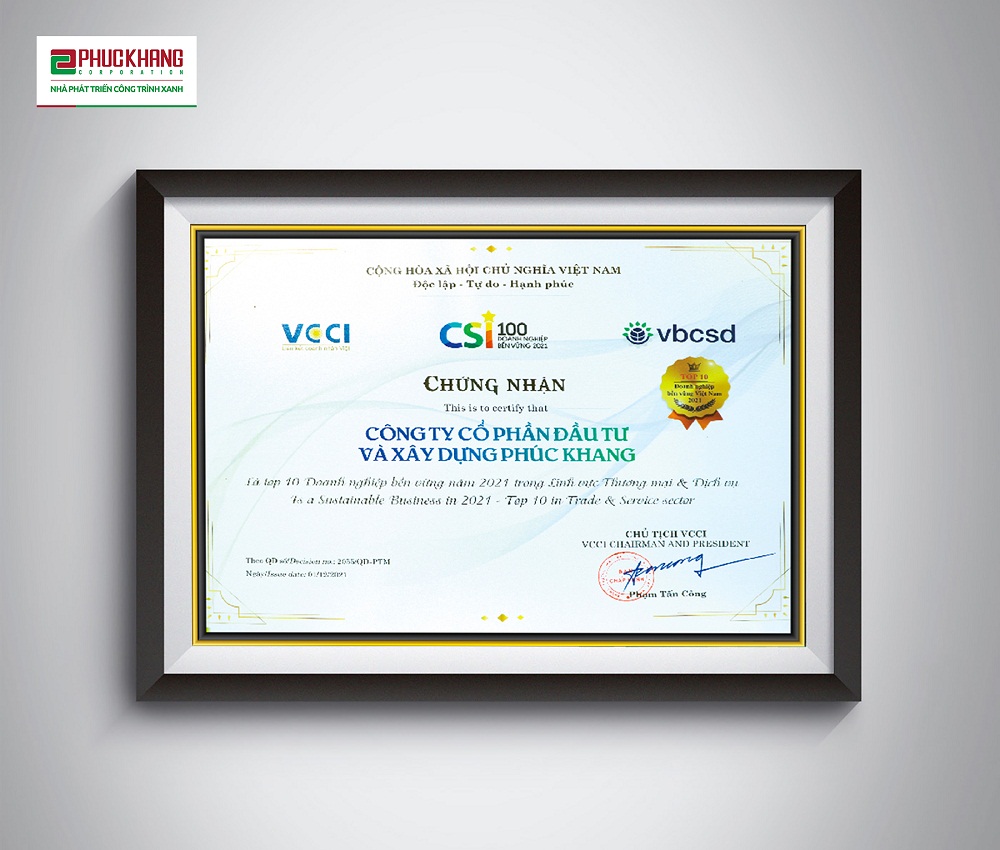 C&ocirc;ng ty Cổ phần Đầu tư v&agrave; X&acirc;y dựng Ph&uacute;c Khang nhận danh hiệu Top 10 doanh nghiệp bền vững Việt Nam năm 2021