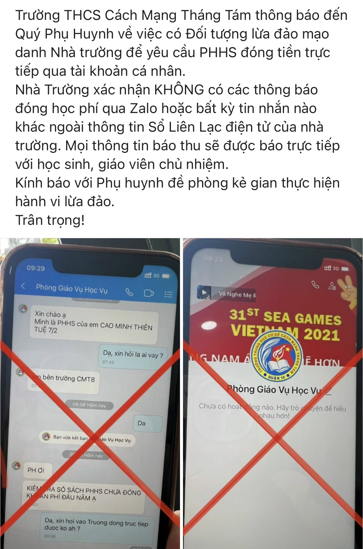 Trường THCS C&aacute;ch Mạng Th&aacute;ng T&aacute;m ph&aacute;t cảnh b&aacute;o về việc xuất hiện đối tượng lừa đảo mạo danh nh&agrave; trường chiếm đoạt tiền của phụ huynh