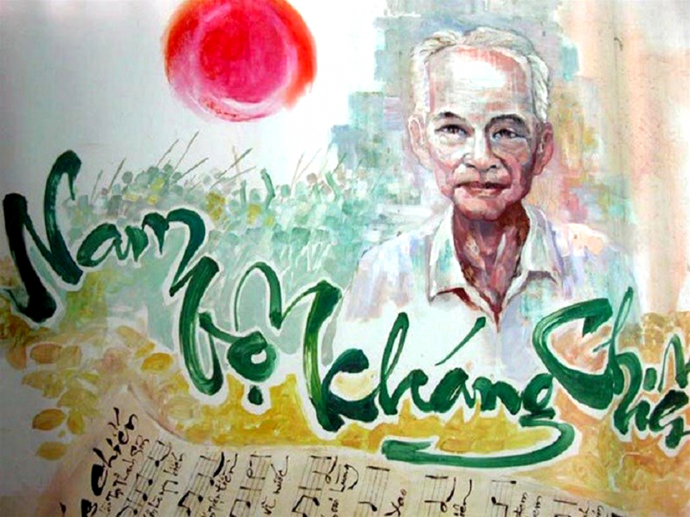Nhạc sĩ Tạ Thanh Sơn trong &aacute;p ph&iacute;ch tuy&ecirc;n truyền tại trụ sở Hội Cựu gi&aacute;o chức S&agrave;i G&ograve;n