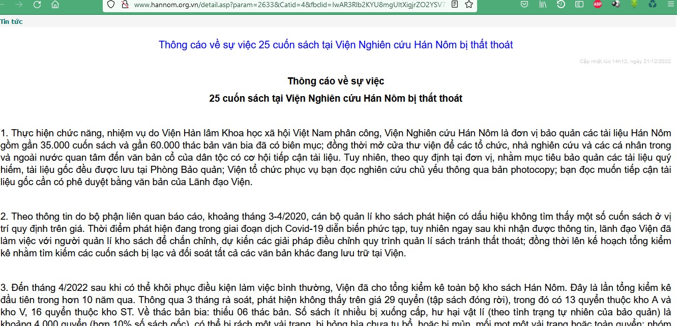 Th&ocirc;ng c&aacute;o về việc mất 25 cuốn s&aacute;ch cổ được cập nhật tr&ecirc;n trang web của Viện Nghi&ecirc;n cứu H&aacute;n N&ocirc;m l&uacute;c 14g12p ng&agrave;y 21/12