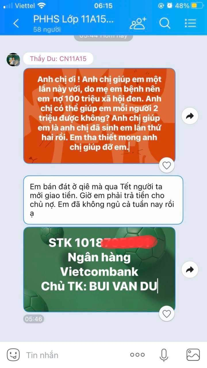 Tin nhắn xin tiền phụ huynh được cho l&agrave; của gi&aacute;o vi&ecirc;n Trường THPT Nguyễn C&ocirc;ng Trứ (quận G&ograve; Vấp)