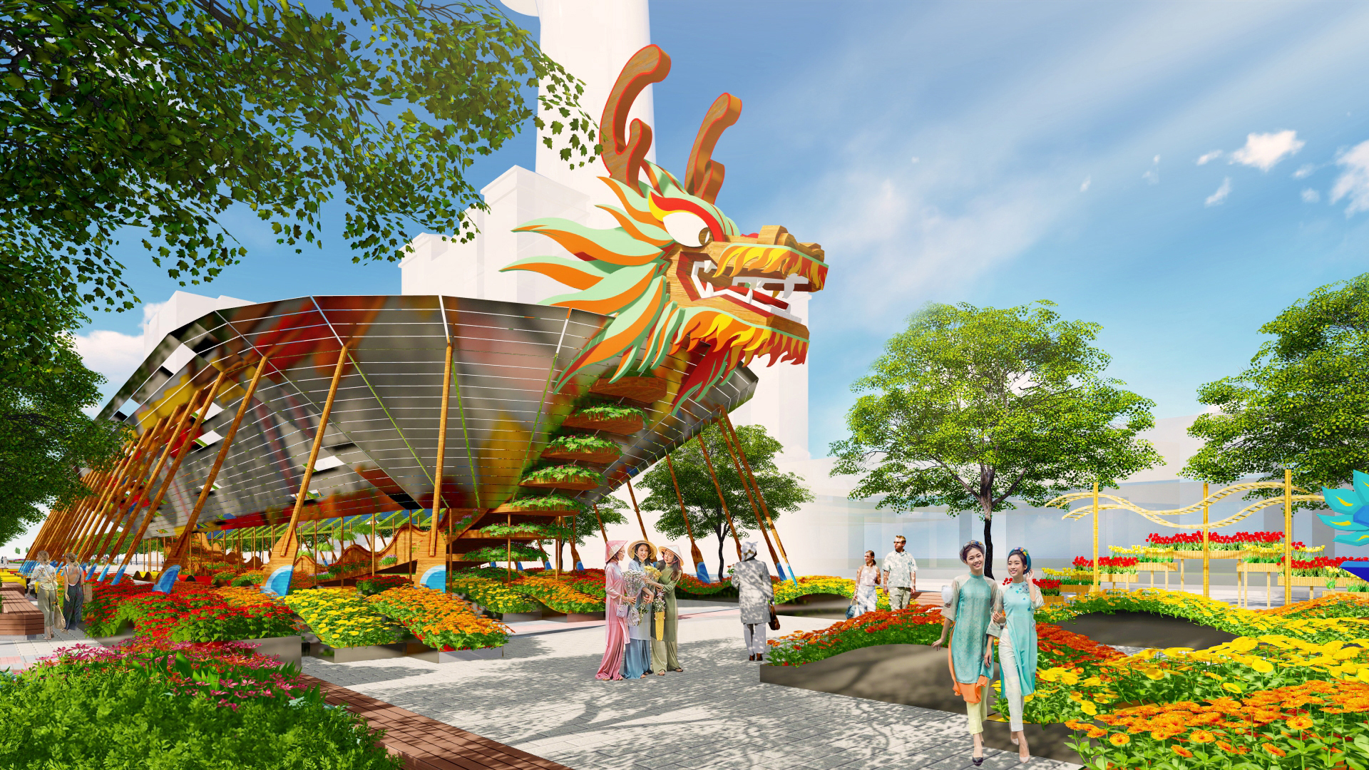 Tr&ecirc;n đường hoa tết 2024, du kh&aacute;ch c&oacute; thể dạo bước b&ecirc;n ngo&agrave;i mạn thuyền, vừa chi&ecirc;m ngưỡng hoa l&aacute; ở hai b&ecirc;n, vừa c&oacute; thể nh&igrave;n thấy hướng lưu th&ocirc;ng ở chiều ngược lại.