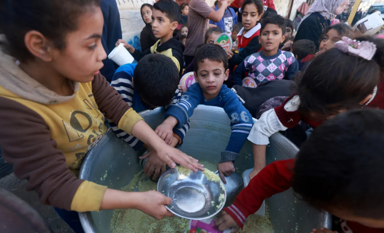Trẻ em Palestine thu thập thực phẩm tại một điểm quy&ecirc;n g&oacute;p do một nh&oacute;m từ thiện cung cấp ở th&agrave;nh phố Rafah ph&iacute;a nam v&agrave;o ng&agrave;y 6 th&aacute;ng 12 năm 2023. [Mohammed Abed/AFP]Theo b&aacute;o c&aacute;o của Li&ecirc;n Hợp Quốc v&agrave; c&aacute;c cơ quan kh&aacute;c c&ocirc;ng bố h&ocirc;m 28/12, hơn nửa triệu người ở Gaza -1/4d&acirc;n số - đang chết đ&oacute;i.