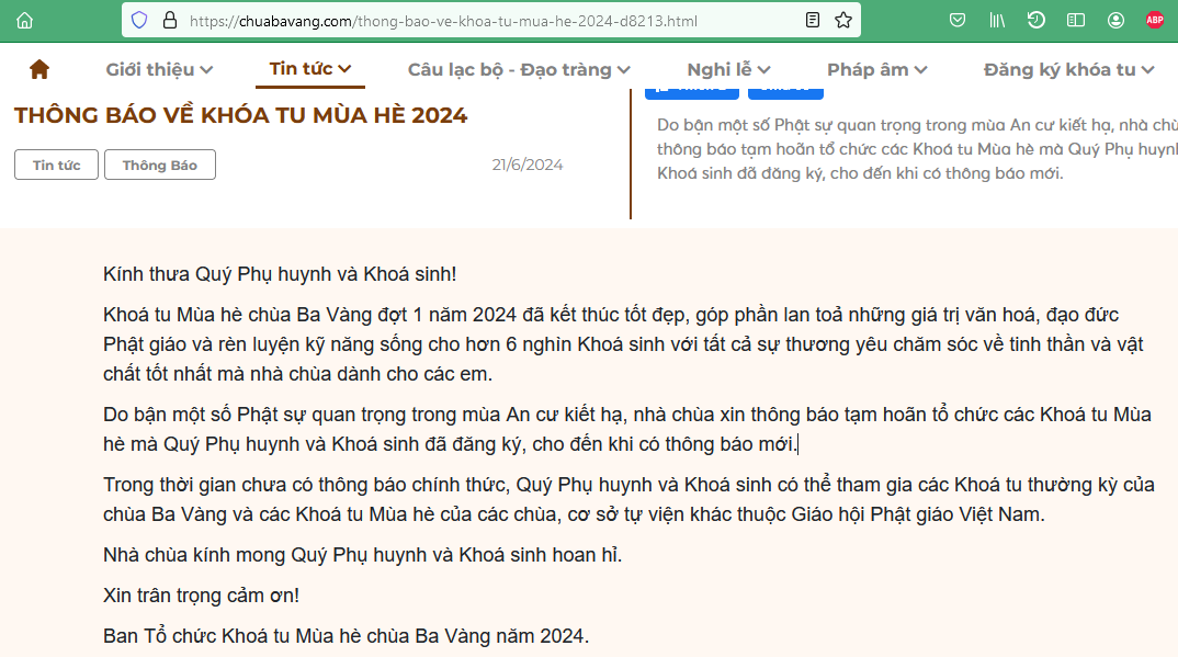 Th&ocirc;ng b&aacute;o tr&ecirc;n trang web ch&ugrave;a Ba V&agrave;ng (Ảnh chụp m&agrave;n h&igrave;nh)