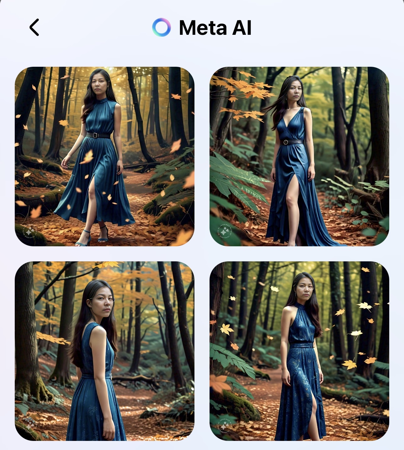 Chỉ cần ra đề: Me in a forest with falling leaves, long sleeveless blue dress, high heels shoes, straight hair, AI sẽ cho ra những bức ảnh t&ocirc;i như thế n&agrave;y