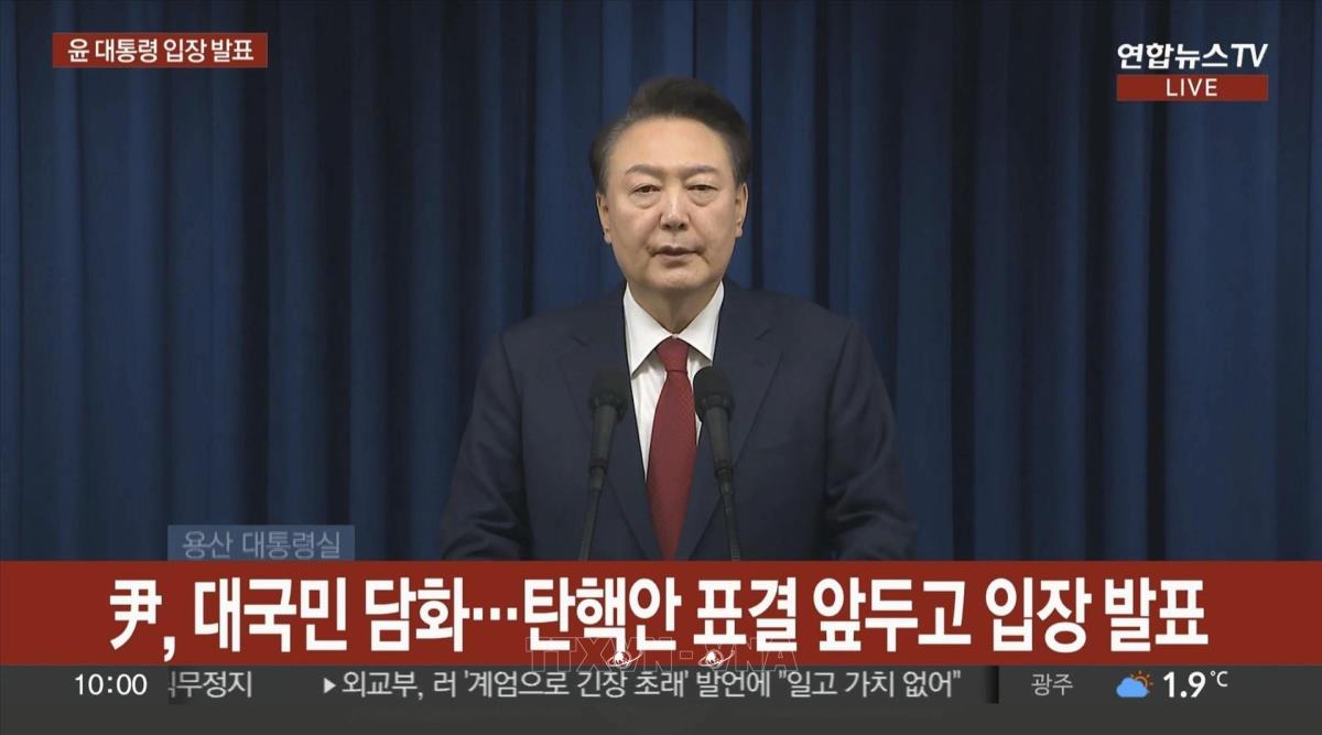Tổng thống H&agrave;n Quốc Yoon Suk Yeol ph&aacute;t biểu ng&agrave;y 7/12/2024 - Ảnh: Kyodo/TTXVN