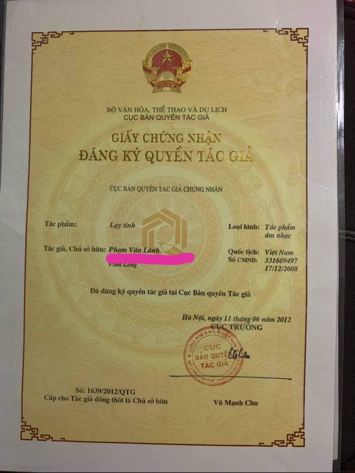 Giấy chứng nhận quyền t&aacute;c giả ca kh&uacute;c Lạy t&igrave;nh do Vi&ecirc;n Nghiệp cung cấp v&agrave;o năm 2022