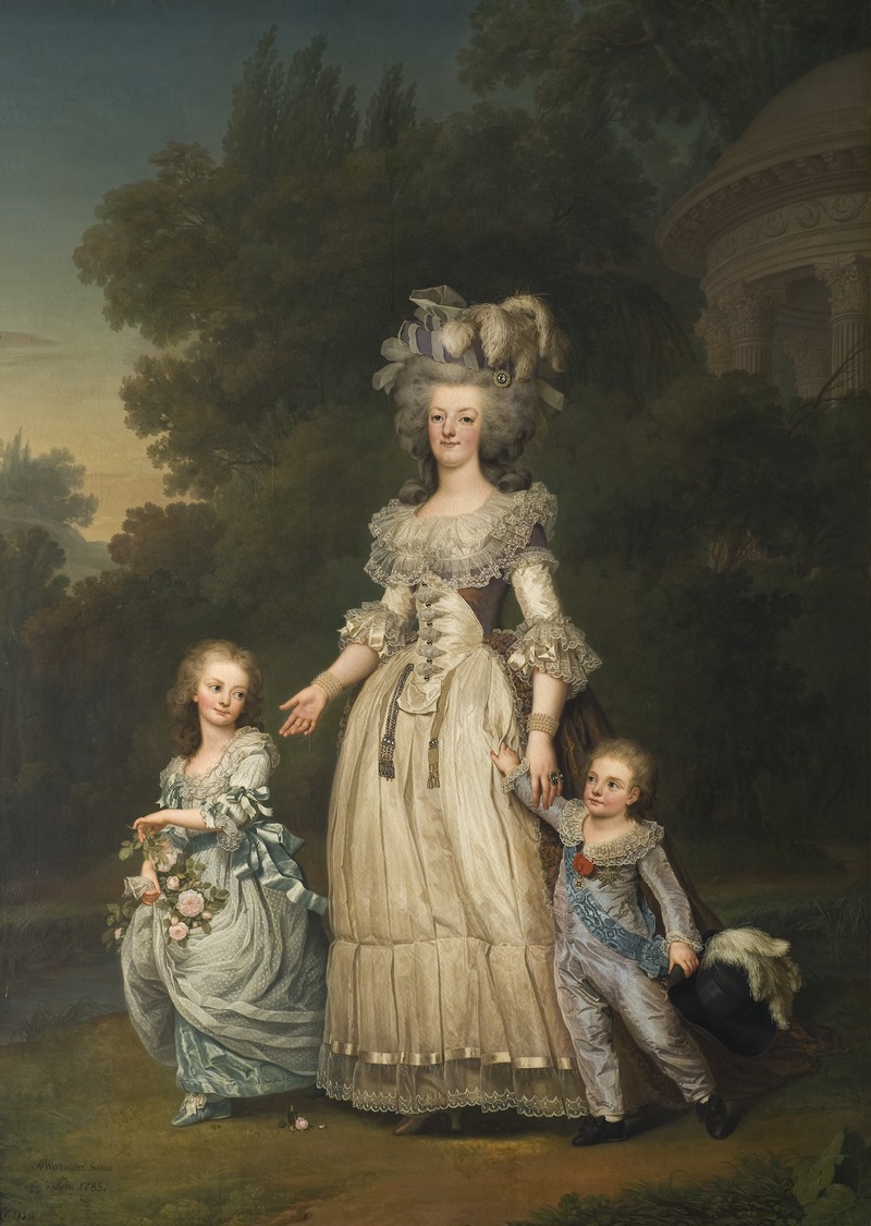 Marie Antoinette trên tranh của họa sĩ gốc Thụy Điển Adolf Ulrik Wertmüller (năm 1785). “Bóng ma” bí ẩn bên cầu hai phụ nữ trông thấy, về sau được tiết lộ, có nhiều nét tương đồng với dáng vẻ Nữ hoàng nước Pháp trong tác phẩm này. - Ảnh: Wikipedia