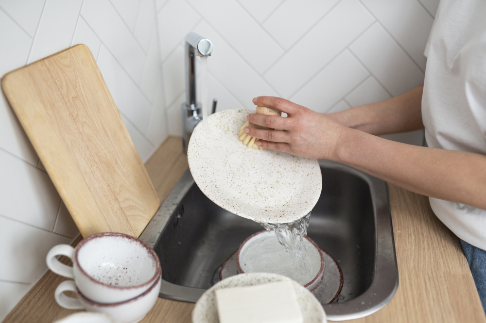 Kh&ocirc;ng ng&acirc;m ch&eacute;n dĩa dơ trước khi rửa, bạn sẽ mất nhiều thời gian v&agrave; c&ocirc;ng sức để l&agrave;m sạch ch&uacute;ng - Ảnh: Freepik
