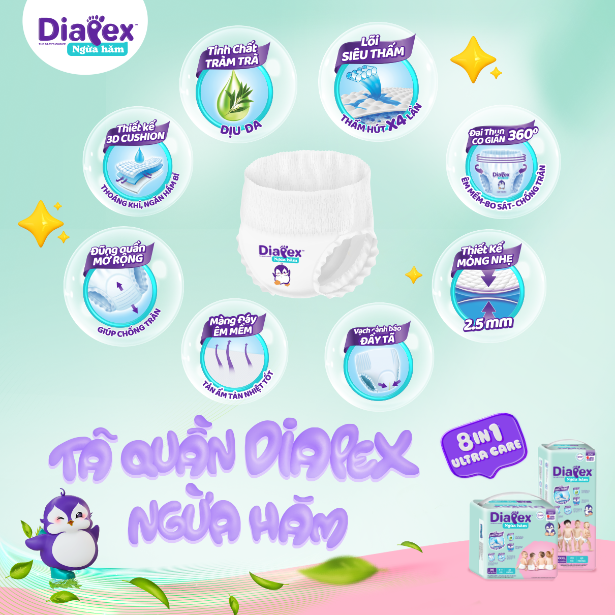 T&atilde; Diapex 8IN1 Ultra Care mang đến 08 t&iacute;nh năng ngừa hăm vượt trội trong mỗi chiếc t&atilde;.