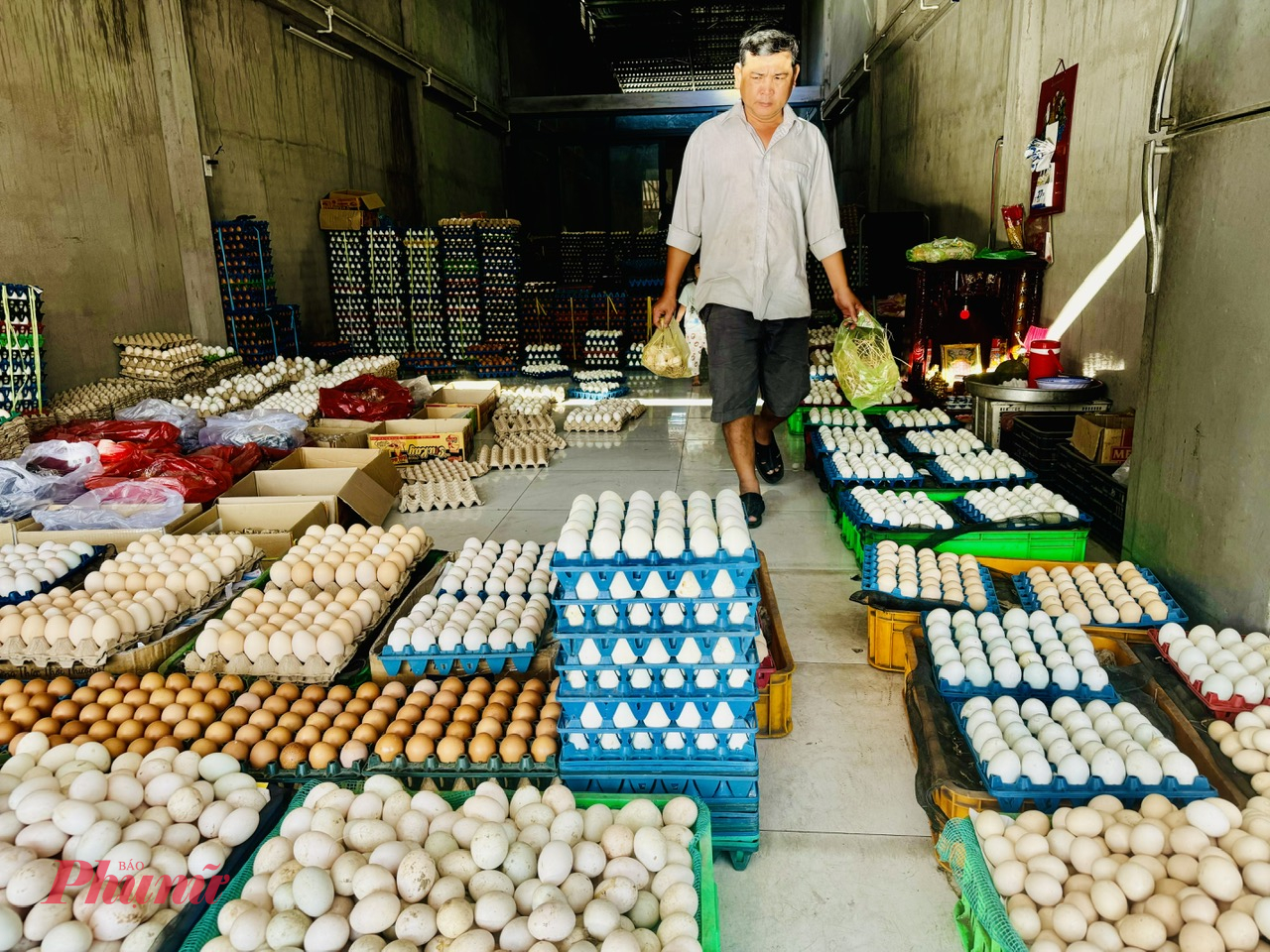 Gi&aacute; trứng vịt tại đ&acirc;y l&agrave; 40.000 đồng/chục, g&agrave; c&ocirc;ng nghiệp l&agrave; 25.000 đồng/chục, g&agrave; ta l&agrave; 30.000 đồng/chục. Chủ điểm b&aacute;n n&agrave;y cho biết, đ&acirc;y l&agrave; trứng đạt chuẩn 
