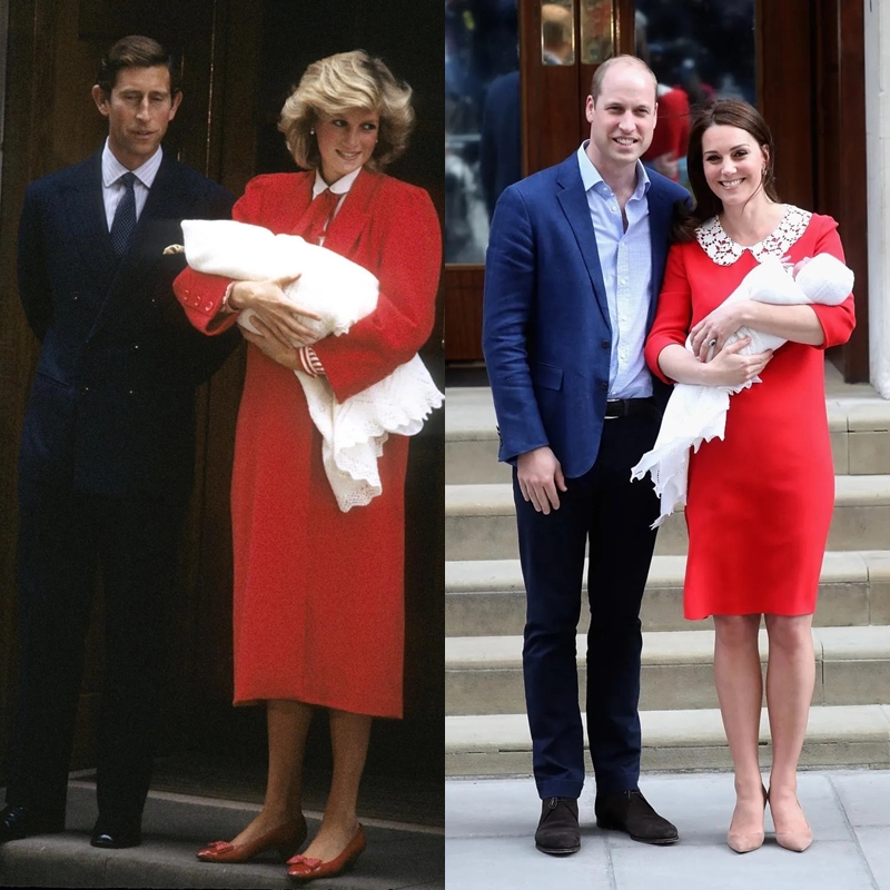 Năm 1984, khi ra mắt c&ocirc;ng ch&uacute;ng sau khi hạ sinh Ho&agrave;ng tử Harry, C&ocirc;ng nương Diana g&acirc;y ấn tượng với &aacute;o kho&aacute;c đỏ rực v&agrave; gi&agrave;y b&uacute;p b&ecirc; đồng m&agrave;u, chứng minh đẳng cấp thời trang trong mọi ho&agrave;n cảnh. Gần ba thập kỷ sau, C&ocirc;ng nương Kate cũng chọn sắc đỏ l&agrave;m điểm nhấn khi giới thiệu Ho&agrave;ng tử Louis sau sinh v&agrave;o năm 2018, như một sự tiếp nối h&igrave;nh ảnh biểu tượng của Diana.