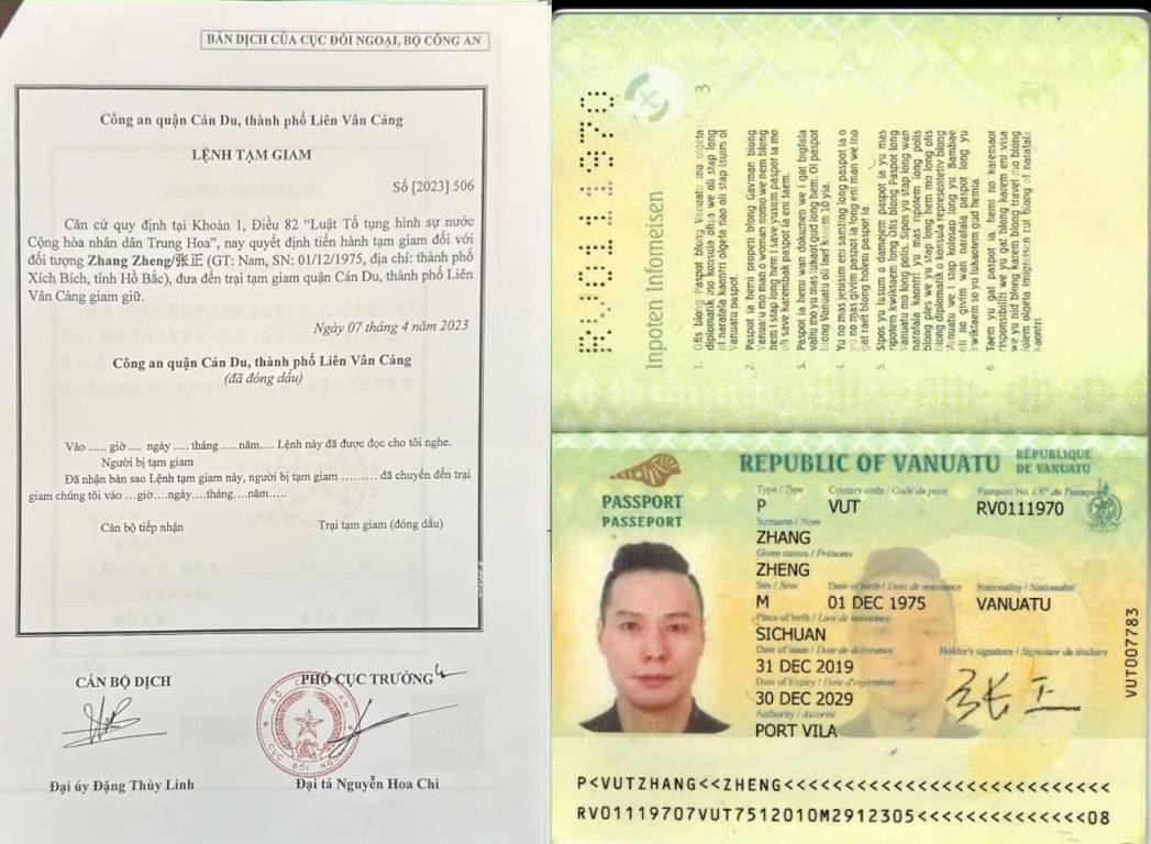 Giấy tờ lệnh truy n&atilde; đối tượng Zhang Zheng -  Ảnh CACC
