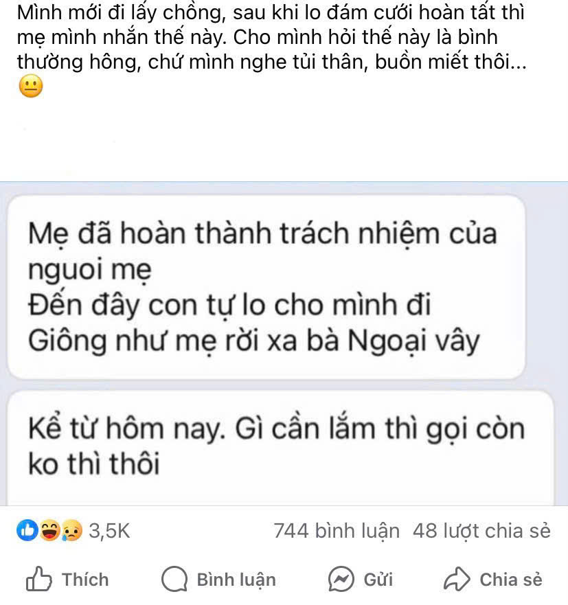 Nỗi băn khoăn của c&ocirc; d&acirc;u mới khi nhận tin nhắn của mẹ - Ảnh: Chụp m&agrave;n h&igrave;nh từ trang Ở nh&agrave; vui thấy b&agrave;!