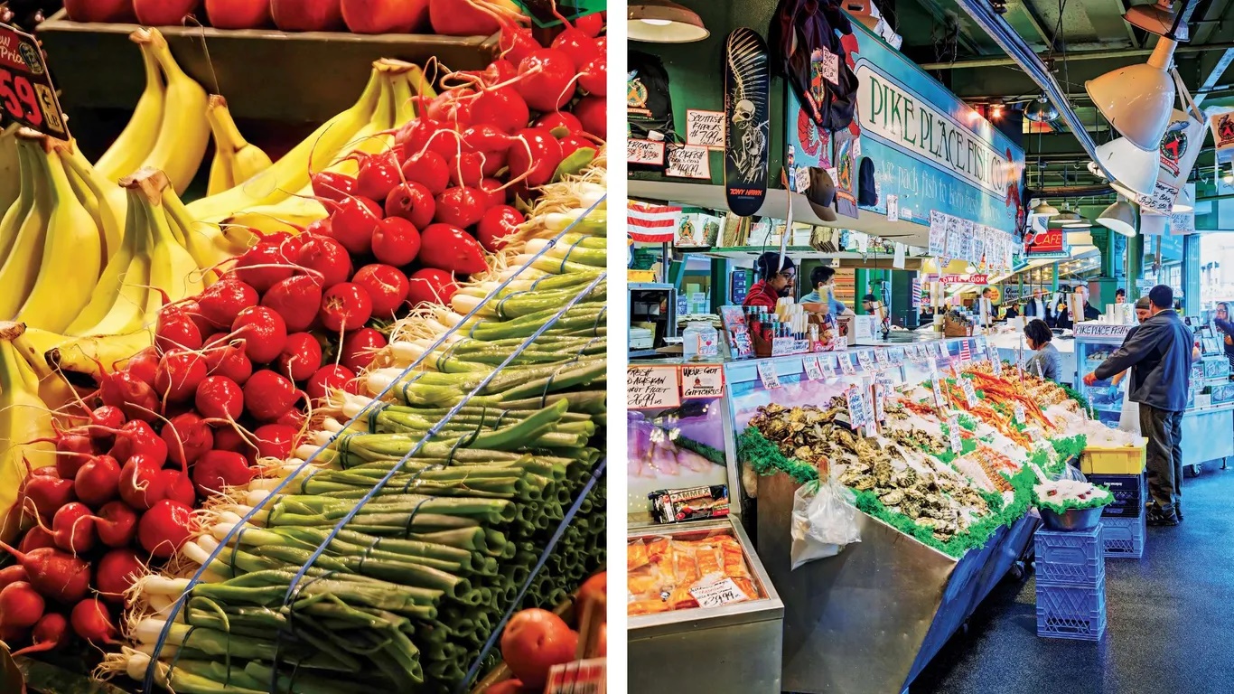 Chợ Pike Place ở Seattle, Mỹ. Được th&agrave;nh lập v&agrave;o năm 1907 với chỉ 8 n&ocirc;ng d&acirc;n, chợ ng&agrave;y nay b&aacute;n b&aacute;nh r&aacute;n, kem, s&ocirc; c&ocirc; la hạt, tr&aacute;i c&acirc;y theo m&ugrave;a,  thịt nguội&hellip; H&agrave;ng năm chợ đ&oacute;n h&agrave;ng triệu kh&aacute;ch du lịch. 