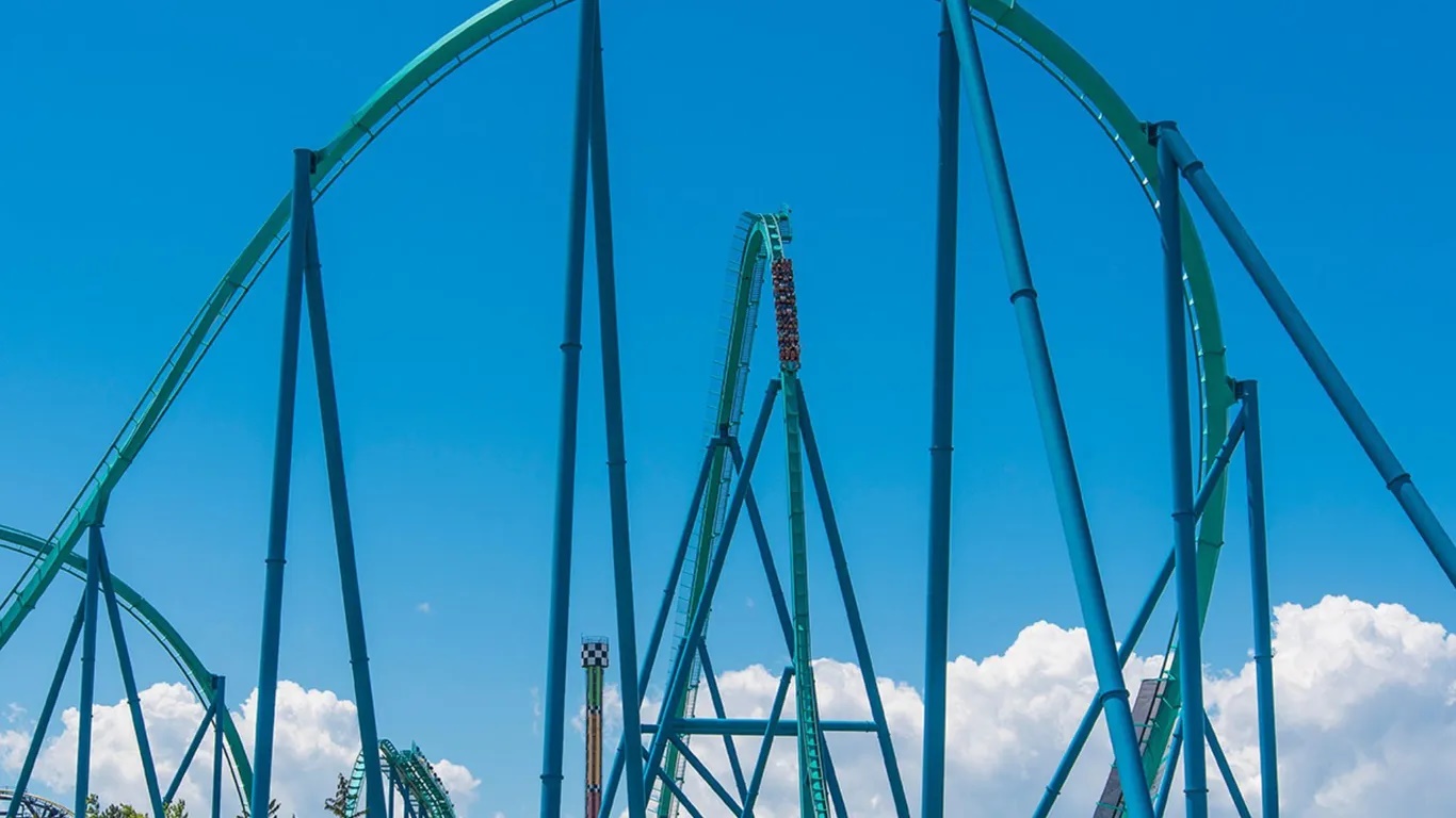 T&agrave;u lượn Leviathan,  Canada&rsquo;s Wonderland,  Ontario, Canada đưa h&agrave;nh kh&aacute;ch l&ecirc;n cao 93 m&eacute;t, rồi tạo cảm gi&aacute;c phấn kh&iacute;ch khi lao xuống từ độ cao 24 m&eacute;t v&agrave; vẫn duy tr&igrave; tốc độ cực đại 148 km/h. Chắc chắn những người m&ecirc; cảm gi&aacute;c mạnh sẽ y&ecirc;u th&iacute;ch Leviathan. Địa chỉ: 1 Canada&rsquo;s Wonderland Drive, Maple, Ontario - Ảnh:  Canada&rsquo;s Wonderland