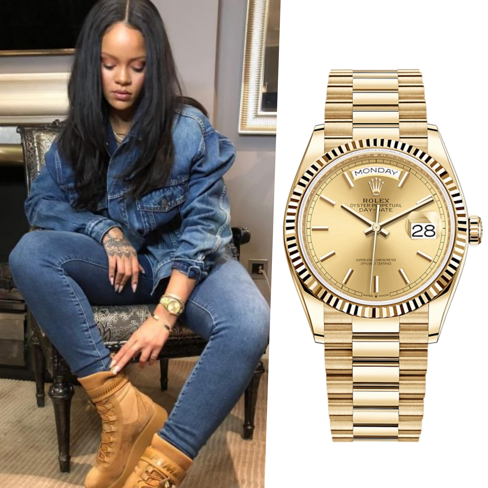 Rolex Day-Date 36 Chiếc &ldquo;Presidential&rdquo; của Rolex với vỏ v&agrave;ng v&agrave;ng v&agrave; viền r&atilde;nh l&agrave; lựa chọn y&ecirc;u th&iacute;ch của Rihanna. C&ocirc; thường diện mẫu đồng hồ n&agrave;y khi mang thai, kết hợp với những trang phục khoe bụng bầu đầy tự tin. Mức gi&aacute; khoảng 18.500 USD.