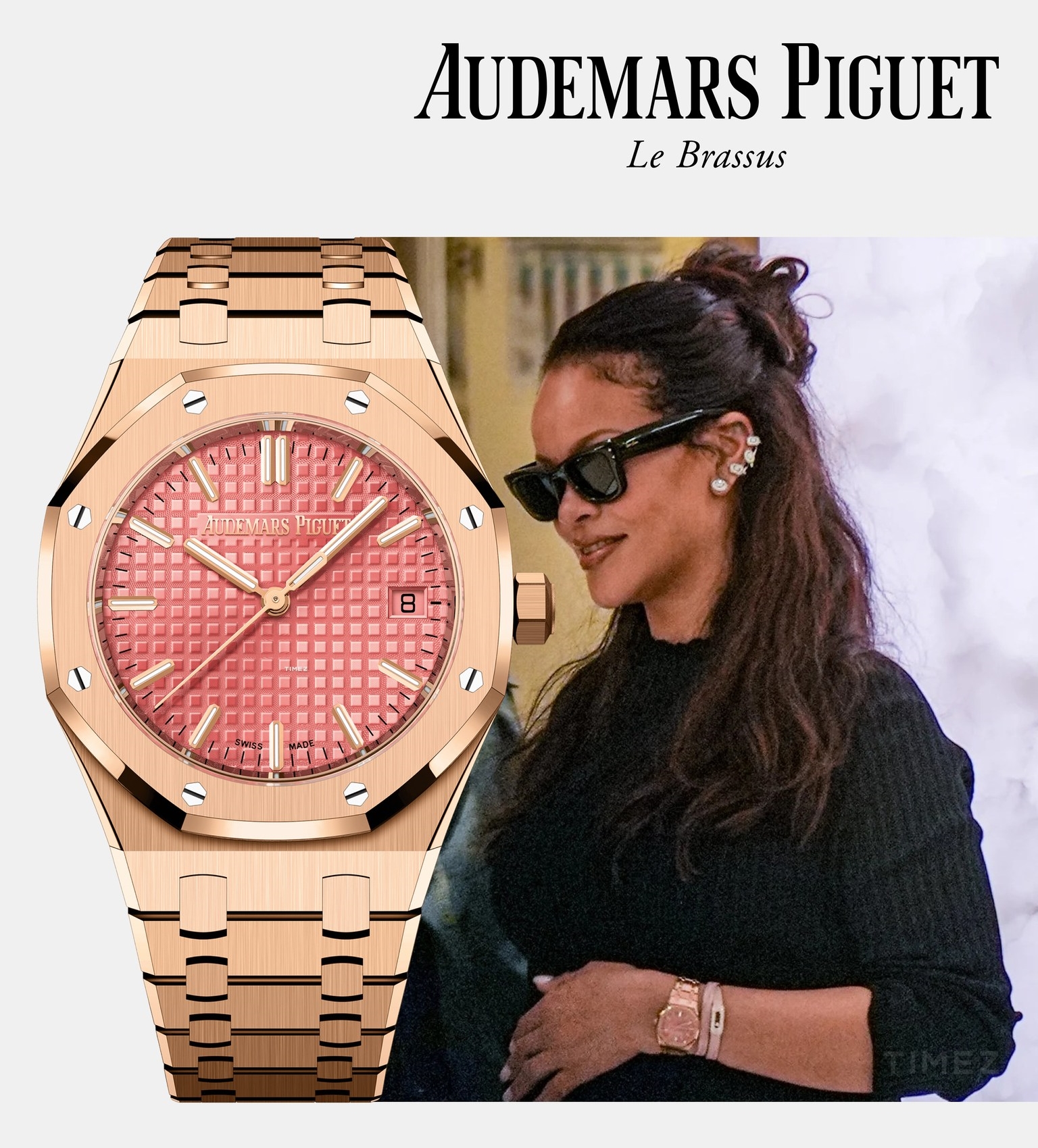 Audemars Piguet Royal Oak G&acirc;y ch&uacute; &yacute; trong một lần dạo phố với v&aacute;y bầu Saint Laurent v&agrave; gi&agrave;y Puma, Rihanna đeo tr&ecirc;n tay mẫu Royal Oak 77450OR vừa được ra mắt, l&agrave;m từ v&agrave;ng hồng 18k, mặt số hồng v&agrave; d&acirc;y đeo đồng bộ. D&ugrave; nữ t&iacute;nh, mẫu đồng hồ n&agrave;y vẫn giữ được n&eacute;t mạnh mẽ đặc trưng của Royal Oak, hiện c&oacute; gi&aacute; khoảng 90.000 USD tr&ecirc;n thị trường thứ cấp.