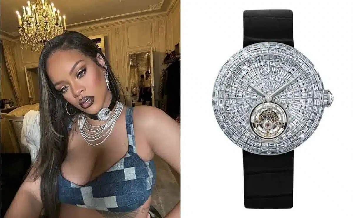 Jacob & Co Flying Tourbillon (bản choker tuỳ chỉnh) Tại Paris Fashion Week, Rihanna khiến c&ocirc;ng ch&uacute;ng bất ngờ khi biến chiếc đồng hồ Brilliant Flying Tourbillon của Jacob & Co th&agrave;nh một chiếc v&ograve;ng cổ gắn Velcro. Được chế t&aacute;c từ v&agrave;ng trắng 18k v&agrave; đ&iacute;nh 676 vi&ecirc;n kim cương baguette, chiếc đồng hồ n&agrave;y trị gi&aacute; 670.000 USD.