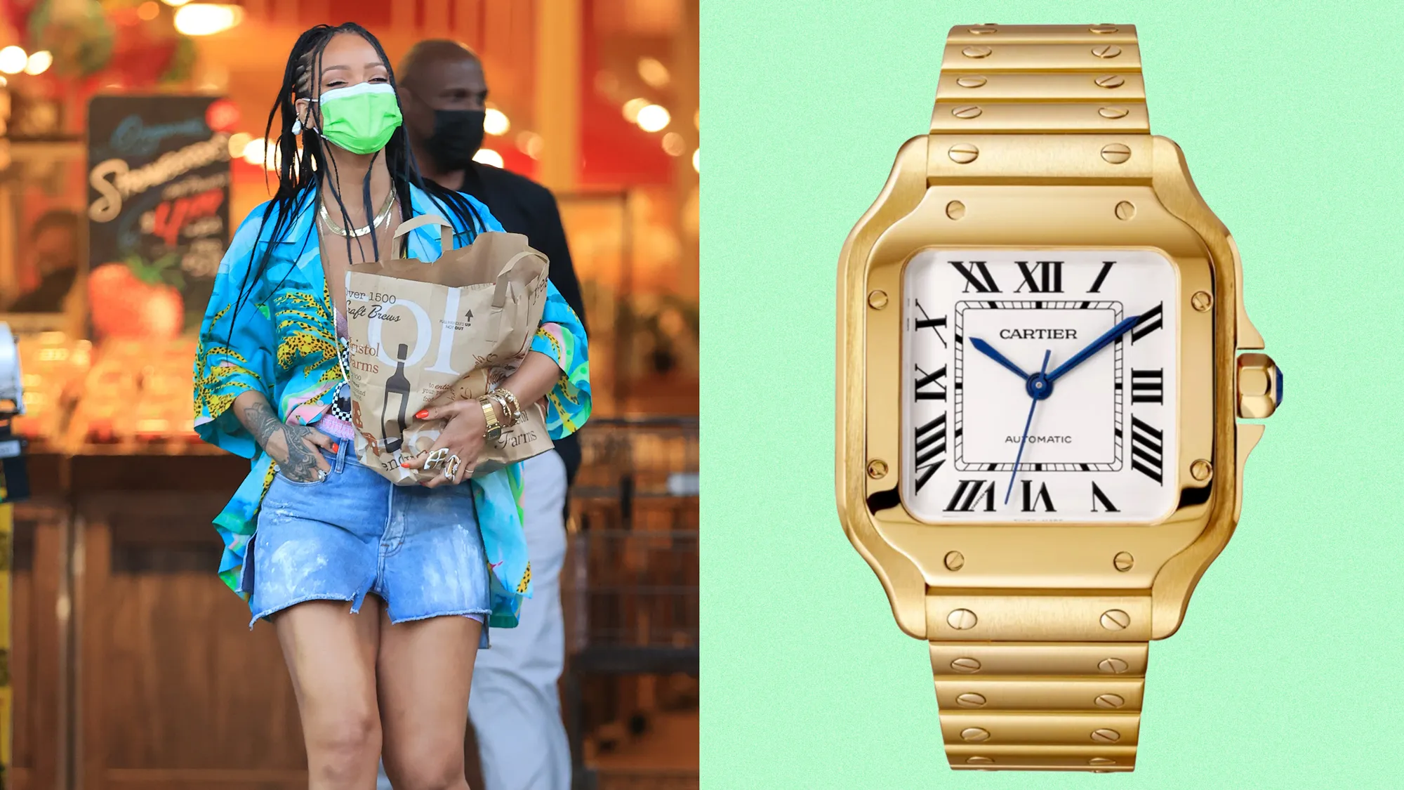 . Cartier Santos Vẫn l&agrave; Cartier, nhưng Santos c&oacute; vẻ ngo&agrave;i mạnh mẽ v&agrave; g&oacute;c cạnh hơn, với chi tiết đinh ốc lộ ra ngo&agrave;i v&agrave; d&acirc;y đeo to bản. Rihanna từng đeo chiếc đồng hồ n&agrave;y khi đi mua sắm &ndash; kết hợp c&ugrave;ng v&ograve;ng tay v&agrave;ng &ndash; cho thấy sự thoải m&aacute;i khi mang đồ xa xỉ mọi l&uacute;c mọi nơi.