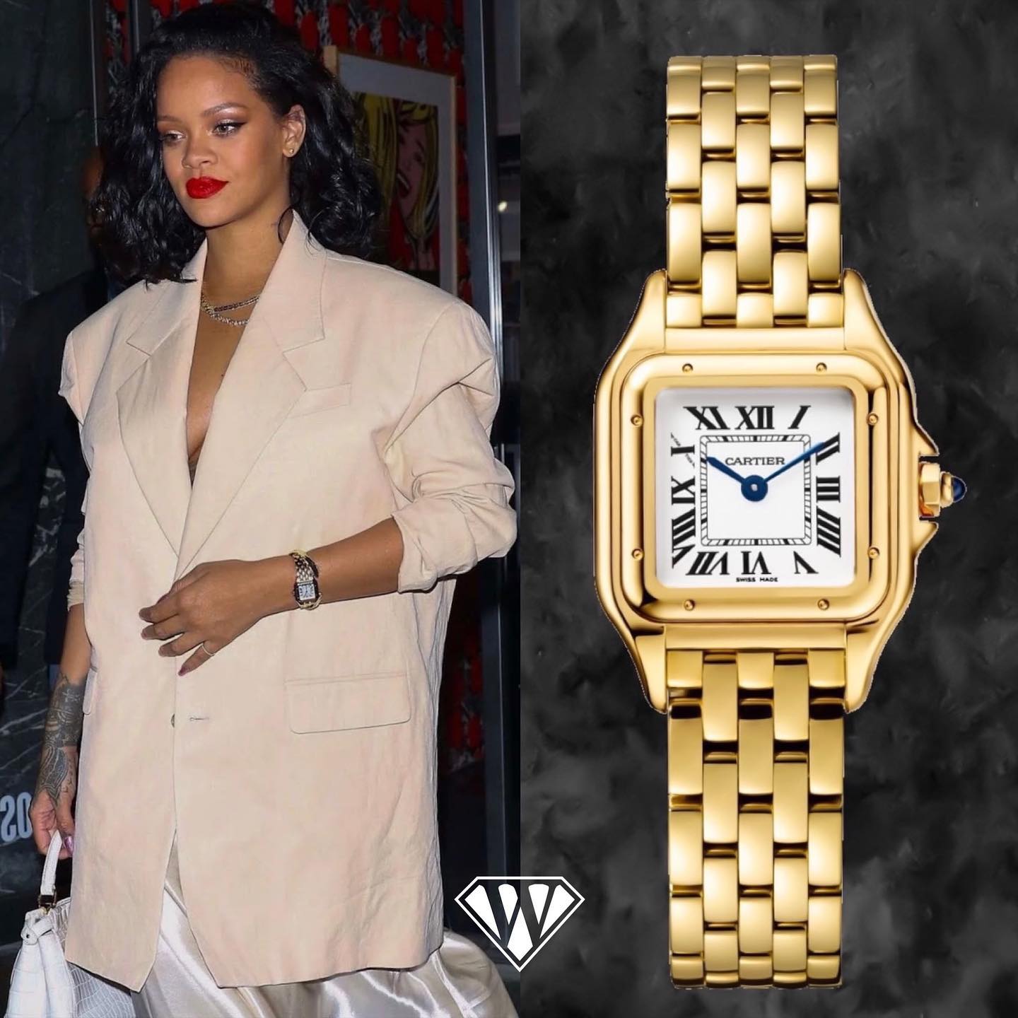 Cartier Panth&egrave;re de Cartier Đ&acirc;y l&agrave; chiếc đồng hồ m&agrave; Rihanna diện đi diện lại nhiều lần. Thiết kế nhỏ gọn, tinh tế v&agrave; sang trọng, Panth&egrave;re de Cartier l&agrave;m từ v&agrave;ng v&agrave;ng, cực kỳ linh hoạt &ndash; ph&ugrave; hợp từ sự kiện thảm đỏ đến những buổi đi chơi nhẹ nh&agrave;ng. Gi&aacute; trị ước t&iacute;nh khoảng 28.200 USD.