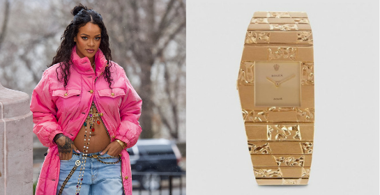 Rolex King Midas Khi c&ocirc;ng bố mang thai lần đầu v&agrave;o năm 2022, Rihanna diện &aacute;o kho&aacute;c Chanel hồng v&agrave; đeo Rolex King Midas &ndash; mẫu đồng hồ hiếm, được thiết kế bởi G&eacute;rald Genta. Chiếc đồng hồ được tạc nguy&ecirc;n khối từ v&agrave;ng 18k, với mắt x&iacute;ch chạm khắc hoa văn đặc biệt do nghệ nh&acirc;n Th&aacute;i Lan Patcharavipa tạo n&ecirc;n.