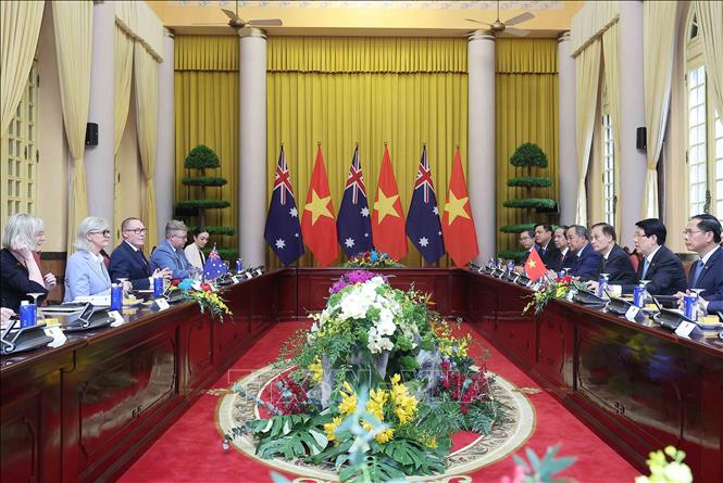 Chủ tịch nước Lương Cường v&agrave; To&agrave;n quyền Australia Sam Mostyn hội đ&agrave;m. Ảnh: L&acirc;m Kh&aacute;nh/TTXVN