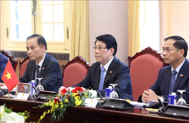 Chủ tịch nước Lương Cường v&agrave; th&agrave;nh vi&ecirc;n đo&agrave;n Việt Nam tại cuộc hội đ&agrave;m với To&agrave;n quyền Australia Sam Mostyn. Ảnh: L&acirc;m Kh&aacute;nh/TTXVN