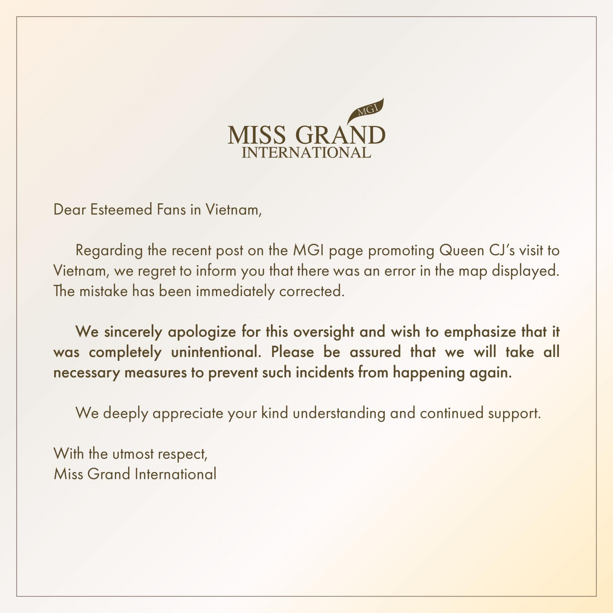 Thư xin lỗi từ tổ chức Miss Grand International