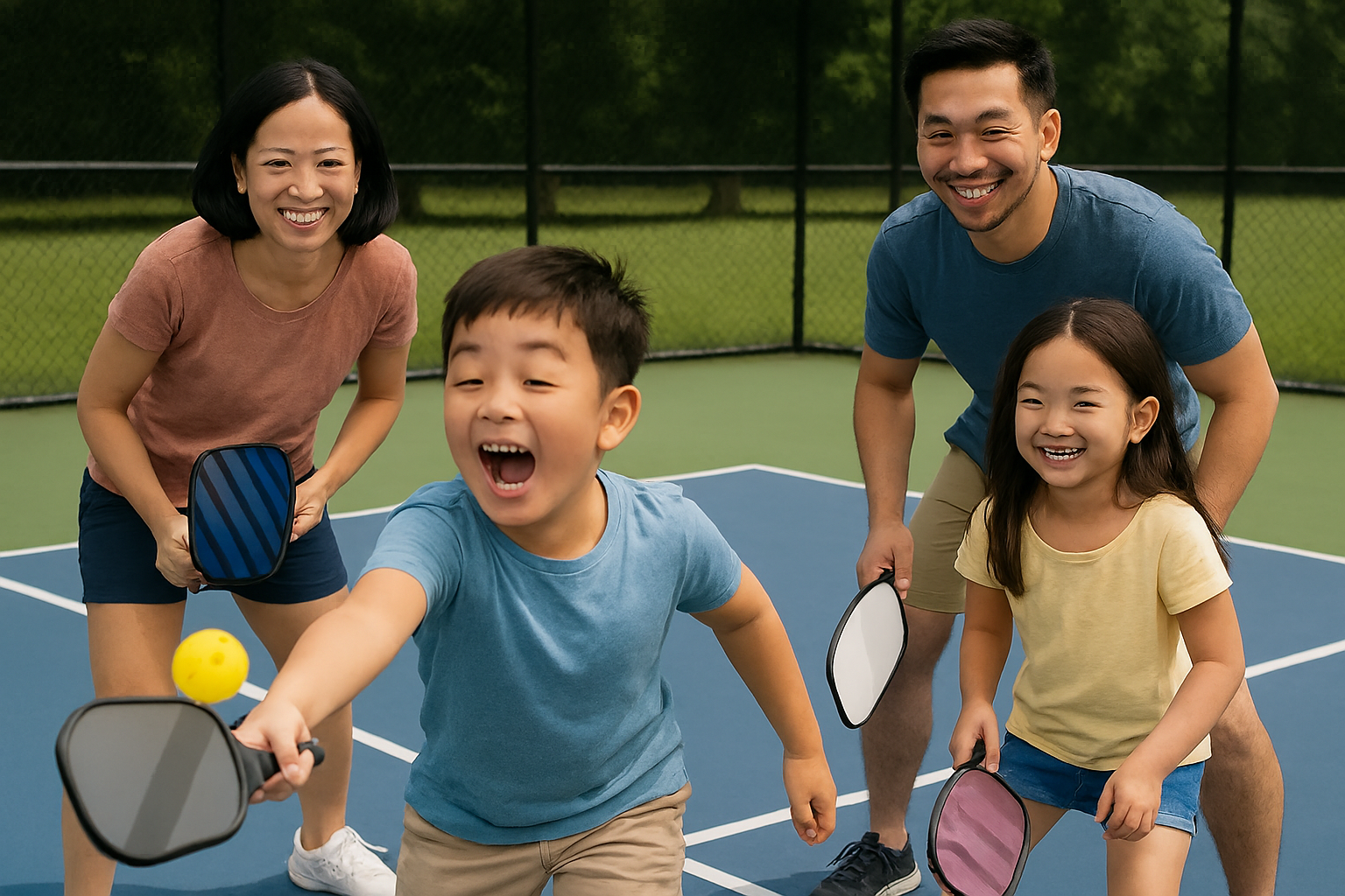 Để trẻ chơi pickleball an to&agrave;n, phụ huynh n&ecirc;n coi đ&acirc;y l&agrave; hoạt động vận động mang t&iacute;nh vui chơiẢnh minh họa AI