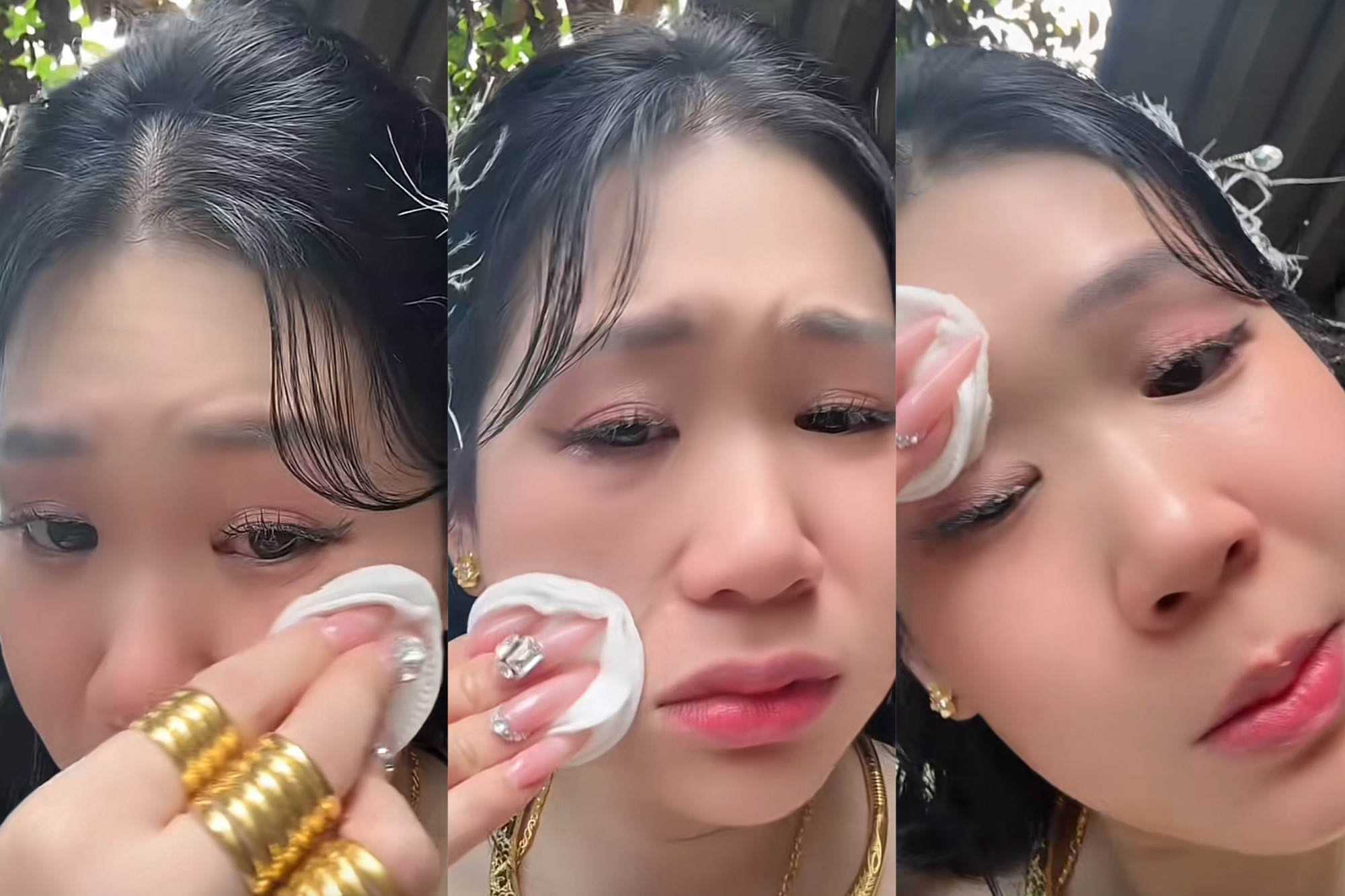 C&ocirc; d&acirc;u bật kh&oacute;c, tẩy hết lớp trang điểm trong ng&agrave;y cưới v&igrave; lớp nền vỡ vụn, m&aacute; hồng l&ograve;e loẹt - Ảnh chụp m&agrave;n h&igrave;nh