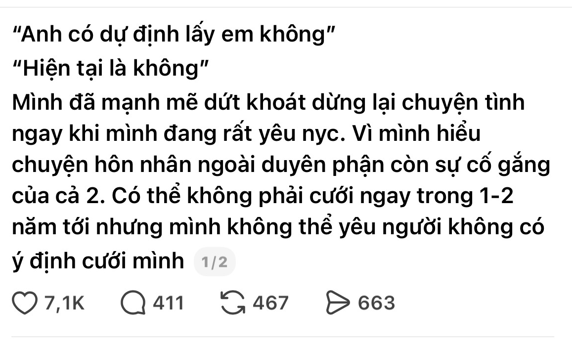C&acirc;u chuyện một c&ocirc; g&aacute;i chia tay khi c&ograve;n y&ecirc;u v&igrave; bạn trai kh&ocirc;ng c&oacute; &yacute; định tiến tới h&ocirc;n nh&acirc;n g&acirc;y ch&uacute; &yacute; tr&ecirc;n mạng x&atilde; hội - Ảnh chụp m&agrave;n h&igrave;nh