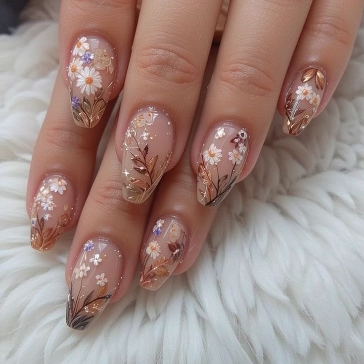 Họa tiết hoa kh&ocirc;ng chỉ d&agrave;nh cho m&ugrave;a xu&acirc;n m&agrave; đang được ưa chuộng  trong m&ugrave;a h&egrave; n&agrave;y. Những hoa c&uacute;c nhỏ x&iacute;u, li ti vẽ tr&ecirc;n nền m&agrave;u nude, sơn th&ecirc;m đầu m&oacute;ng nữa th&igrave; tr&ocirc;ng rất l&atilde;ng mạn v&agrave; đ&aacute;ng y&ecirc;u. Nếu bạn muốn ấn tượng hơn th&igrave; thử tạo hoa bằng đ&aacute;, vẽ hoa 3D hoặc đ&iacute;nh hoa &eacute;p kh&ocirc; - Ảnh: Le Linda