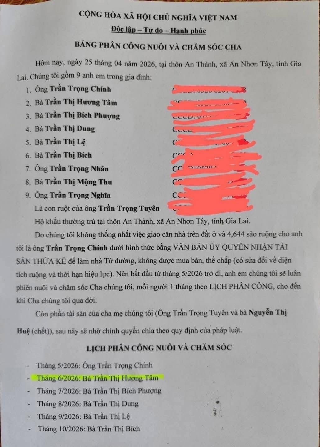 Bản ph&acirc;n c&ocirc;ng nu&ocirc;i va chăm s&oacute;c cha - Ảnh Facebook