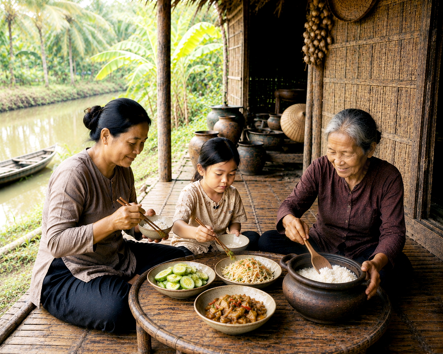 Những bữa cơm với mắm b&ecirc;n b&agrave; v&agrave; mẹ l&agrave; k&yacute; ức đọng m&atilde;i trong l&ograve;ng t&aacute;c giả - Ảnh minh họa do tr&iacute; tuệ nh&acirc;n tạo (AI) vẽ