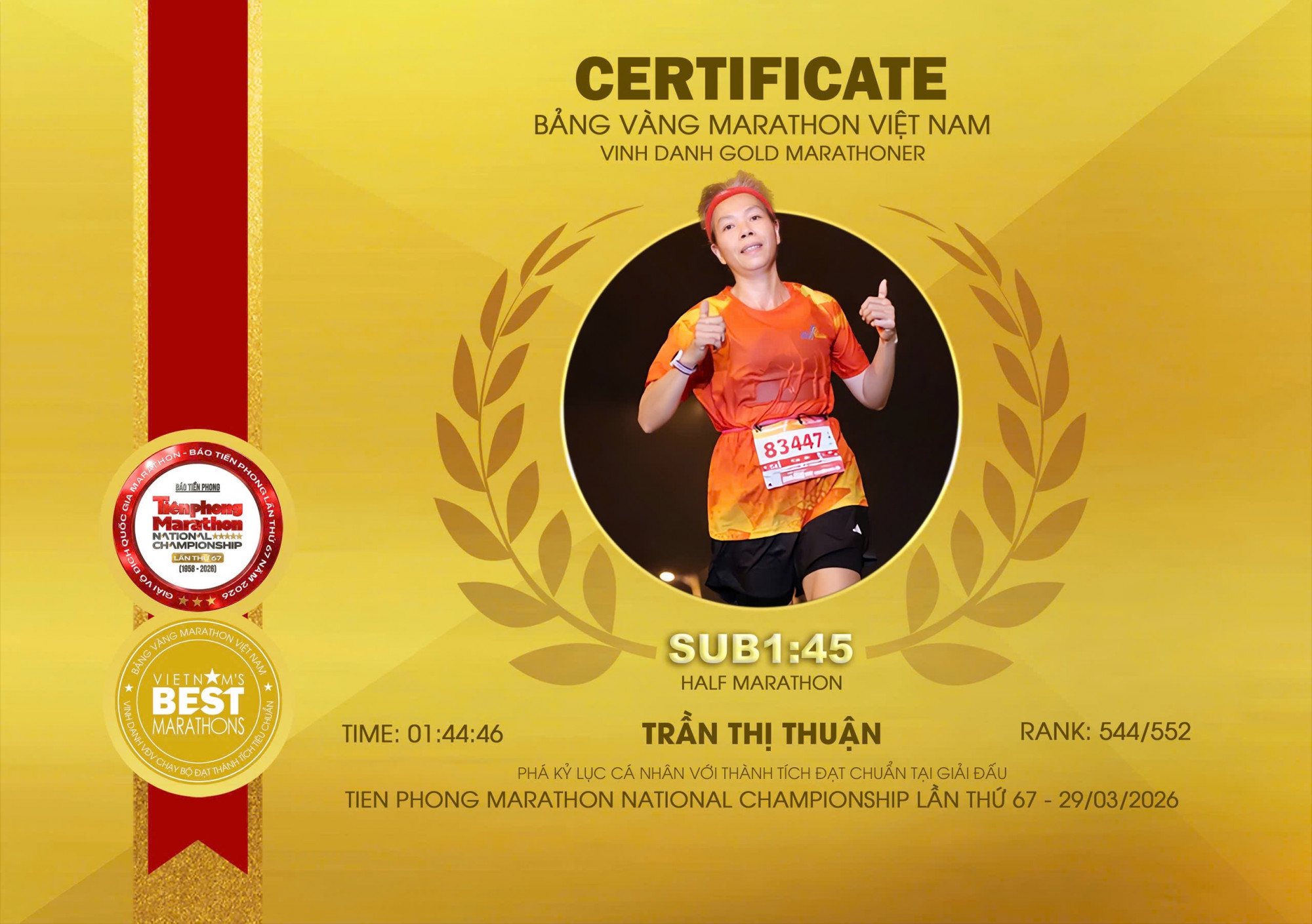 V&agrave; được chứng nhận Bảng v&agrave;ng marathon Việt Nam